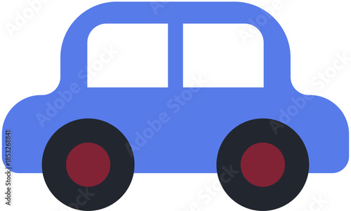 Blue Toy Car Illustration with Bold Red Hubcaps for Nursery Decor and Childhood Play Graphics