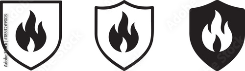 Fire shield icon set in bold silhouette style for protection, safety, security and defense design.