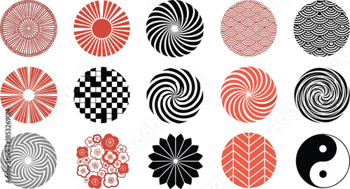 Japanese circular emblems collection, traditional oriental geometric motifs, red and black spiral ornaments, floral zen symbols, cad drawing flat vector illustration