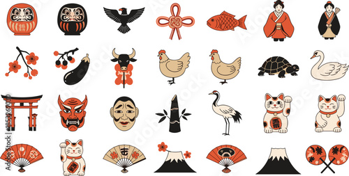 Japanese culture folklore icon set, lucky beckoning cat maneki neko daruma doll, traditional oriental ornaments, cad drawing flat vector illustration