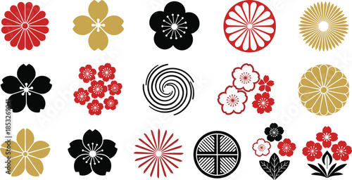 Japanese floral emblems collection, traditional cherry blossom sakura motifs, red black and gold oriental ornaments, cad drawing flat vector illustration
