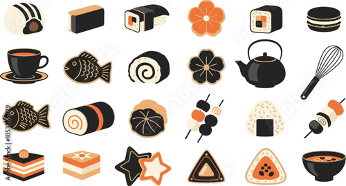 Japanese Food and Dessert Set Featuring Sushi Taiyaki Dango Onigiri Miso Soup Tea and Wagashi Icons In Flat Vector Illustration Style