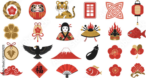 Japanese traditional New Year collection with Daruma dolls zodiac tiger Mount Fuji lucky charms and oriental icons on white background vector.