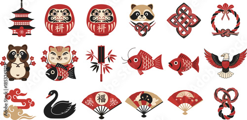 Japanese traditional New Year symbols collection with Daruma dolls, Tanuki raccoon, lucky cats, red koi fish, folding fans, and decorative knots.