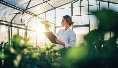 Scientist woman examining plant leaves in greenhouse research