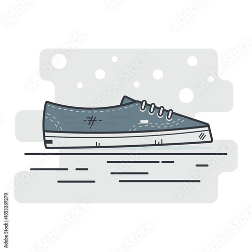 Illustration of a blue sneaker with white laces and sole against a gray background with white dots.