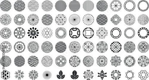 Traditional Japanese Circular Pattern Ornament Set Featuring Black And White Geometric Mandalas Floral Motifs And Zen Symbols In Vector Illustration