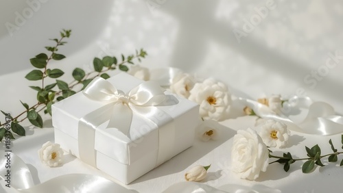 Elegant wedding still life featuring a luxury white gift box wrapped in satin ribbon, soft natural light, and delicate flowers. Perfect for wedding invitations, branding, advertising, websites