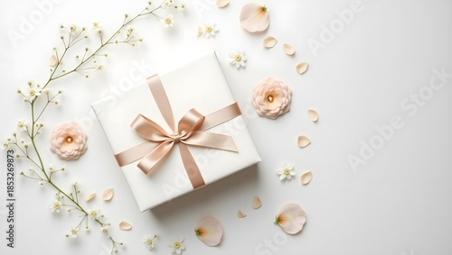 Elegant top-view wedding flat lay featuring a white gift box with a champagne silk ribbon and delicate pastel florals. Perfect for wedding invitations, branding, advertising, websites