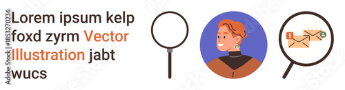 Communication, analysis, identity, messaging, correspondence, focus. Young person portrait with magnifying glasses and envelope icons. Communication and analysis in focus-related