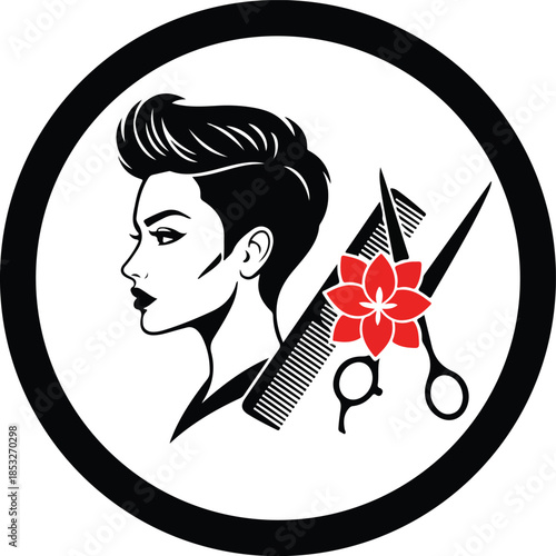 Stylish woman profile with modern haircut, comb, scissors, and red flower in a circle, ideal beauty salon logo graphic.