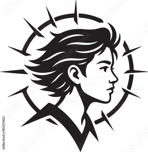 Profile illustration of a youthful person with flowing hair, encircled by a symbolic spiky design, representing challenges or triumph, strength.