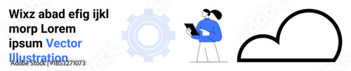 Cloud computing, data storage, tech services, network systems, digital applications, user interface. Illustration of a person holding a device, cloud icon and gear symbol. Cloud computing and data