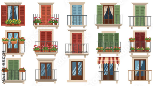 Collection of Various Balconies with Shutters and Flower Boxes, Each Featuring Distinct Colors and Styles