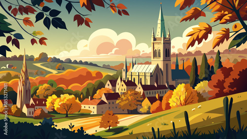 Very beautiful sunny autumn view of Norwich Cathedral tower rising above historic surroundings, highlighted by warm seasonal light and classic English architectural character.