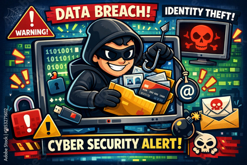 Cartoon Hacker Stealing Data – Cyber Security Warning and Identity Theft Vector Illustration