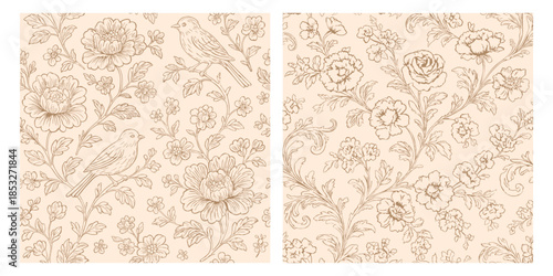 Toile de jouy vector seamless vintage pattern set. Pastel beige color palette