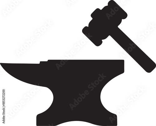 Blacksmith anvil and hammer icon vector illustration, symbolizing craftsmanship, industry, and traditional metalworking process.