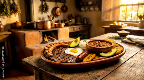 Traditional Colombian bandeja paisa with grilled steak fried egg and pork belly on a wooden table in a rustic kitchen.