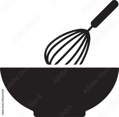 Whisk and bowl icon for food preparation, baking, cooking, kitchen utensil, ingredient mixing, stirring, culinary arts, pastry making.