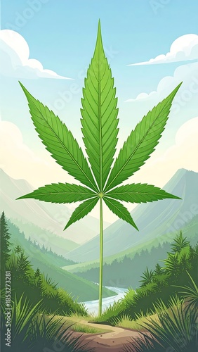Cannabis leaf, scenic landscape