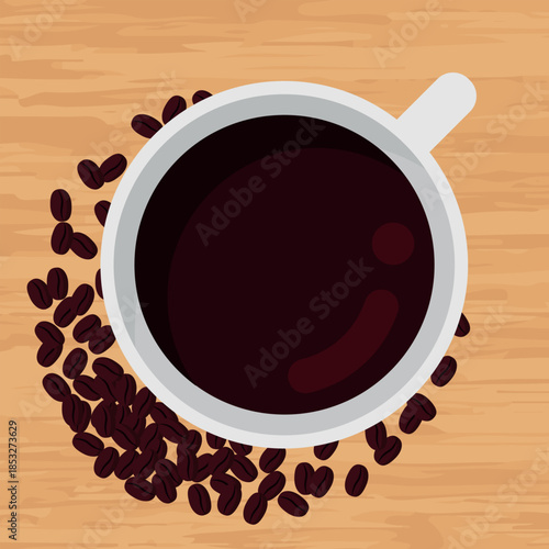 Top View of a Steaming Cup of Coffee Surrounded by Scattered Coffee Beans on a Wooden Surface. Ideal for Breakfast and Coffee Shop Themes. Illustration, Vector.