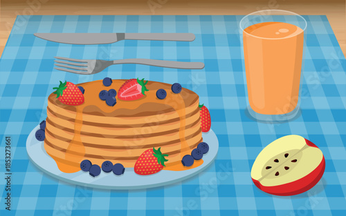 A Stack of Pancakes Topped with Strawberries, Blueberries and Syrup Served With Orange Juice and a Apple on a Blue Checkered Tablecloth. Illustration, Vector.