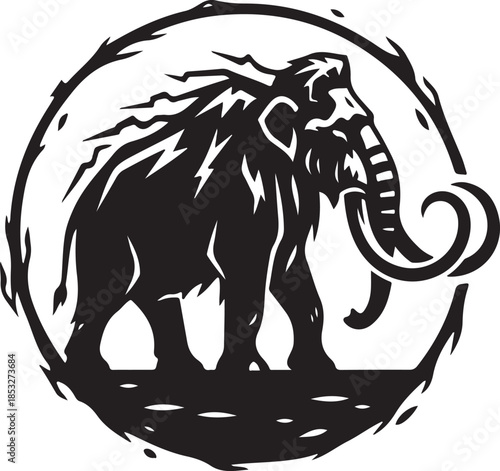 Stylized woolly mammoth silhouette icon with jagged edges in a circular frame, representing strength, ancient history, and power.