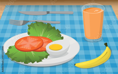 Salad of Lettuce, Tomato Slices and a Boiled Egg Served with Orange Juice and a Banana on a Blue Checkered Tablecloth. Hearty Breakfast, Illustration, Vector.