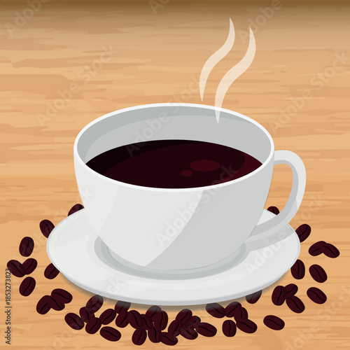Steaming Cup of Coffee Surrounded by Coffee Beans on a Wooden Surface. Ideal for Breakfast and Coffee Shop Themes. Illustration, Vector.