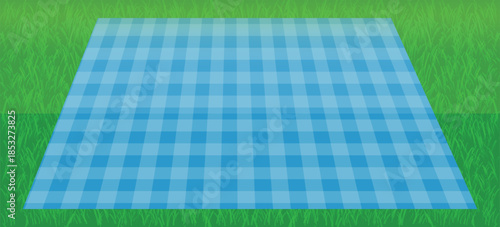 Grassy ground with a blue checkered picnic blanket spread out. Vector illustration.