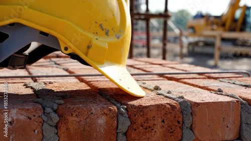 Yellow Hard Hat on Brick Wall at Construction Site.