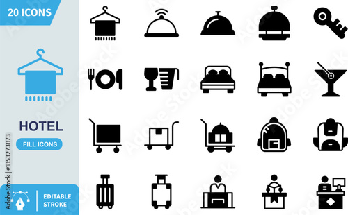 Simple blue fill icon depicting a clean towel hanging on a wooden clothes hanger ideal for hotel services