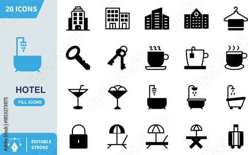 Simple blue bathtub and shower head icon representing bathroom fixtures for hotel and accommodation services