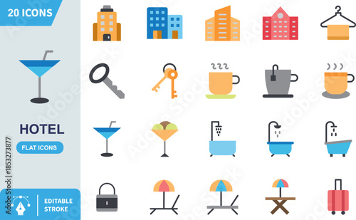 Collection of twenty essential flat style hotel and travel icons perfect for hospitality and accommodation apps