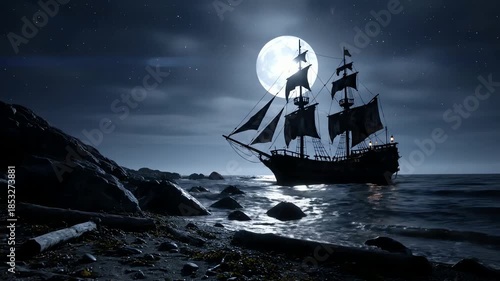 A majestic pirate ship sailing on a moonlit ocean near a rocky shore at night.