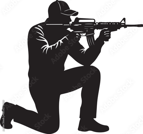 Silhouette illustration of a person wearing a cap, kneeling and aiming a rifle, symbolizing military, security, or tactical training.