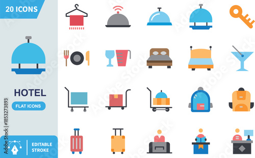 Collection of twenty essential hotel and hospitality flat line icons perfect for travel and accommodation design projects