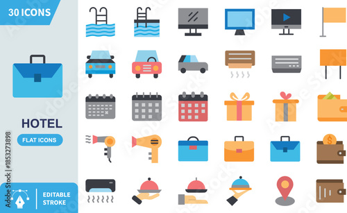 Thirty pixel art style hotel and travel icons perfect for web design and application user interfaces