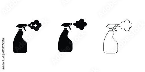 Spray bottle icon set for cleaning, disinfecting, and spraying liquid