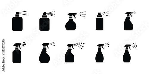 Minimalist spray bottle icon set, Perfume, Fragrance, and household cleaning spray vector silhouette