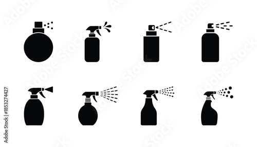 Spray bottle icons set, Cleaning, Disinfectant and sanitizer silhouette vectors