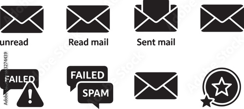 Collection of black and white email icons for various statuses