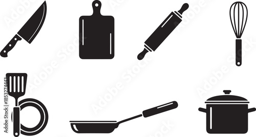 Collection of kitchen utensil icons on a white background