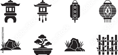 Collection of japanese garden elements and lanterns