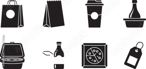 Food delivery icons: bags, pizza, coffee, and takeout containers