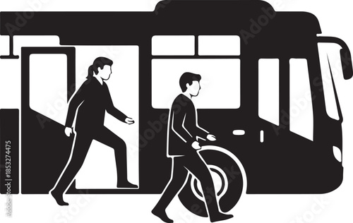 People boarding and alighting a bus