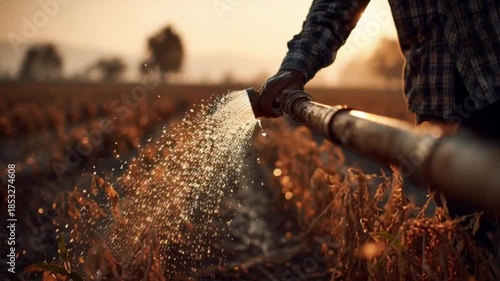 Man watering dry field with hose during sunset