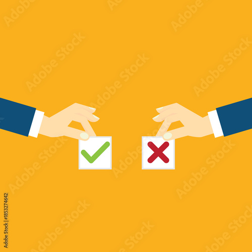 Comparing between positive advantages or negative disadvantages. Hands holding yes and no papers as pros and cons advices. 
