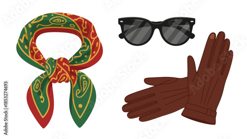 Stylish accessory ensemble patterned scarf, sunglasses, and leather gloves